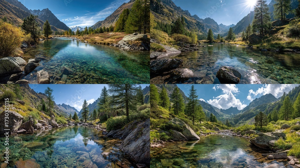 Fototapeta premium Four-paneled nature scenes showcase a crystal-clear alpine lake, surrounded by mountains and foliage