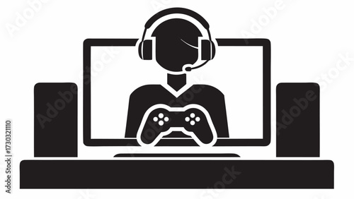 Illustration of a gamer with headset holding a controller in front of a computer with speakers on a desk