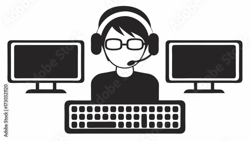 Illustration of a person with a headset and glasses sitting in front of two monitors and a keyboard