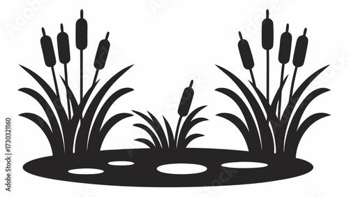 Silhouette illustration of cattails and reeds growing in a pond with small water puddles in black and white