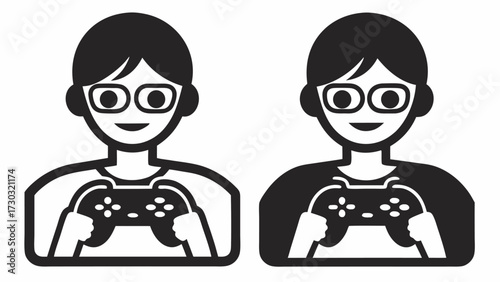 Illustration of two gamers with glasses holding game controllers in a simple black and white style