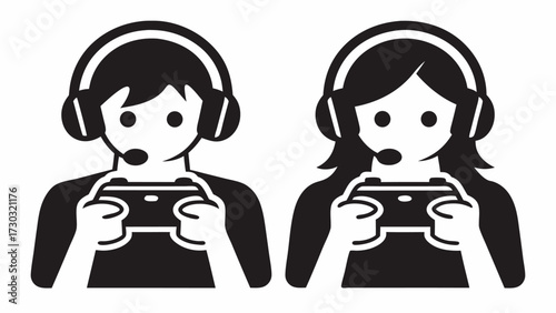 Illustration of two gamers with headsets holding controllers in a black and white graphic style