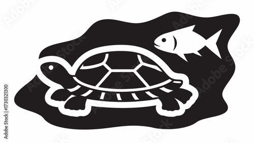 Illustration of a turtle and a fish swimming in a dark pond with a white outline around the animals