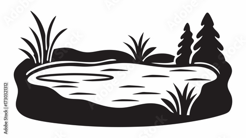 Silhouette of a pond with reeds and trees reflecting in the water in a simple black and white design