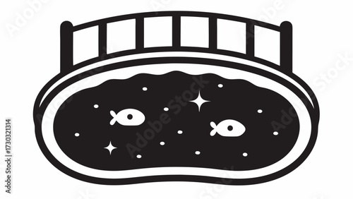 Illustration of a pond with a bridge above it, containing two fish and some sparkling water details