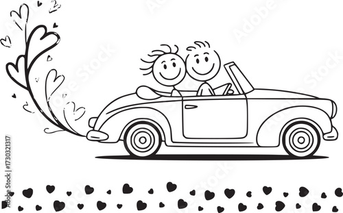 Joyride of Love: A delightful illustration depicts a smiling couple in a vintage convertible, their joyful hearts trailing behind them, symbolizing love and a shared journey.