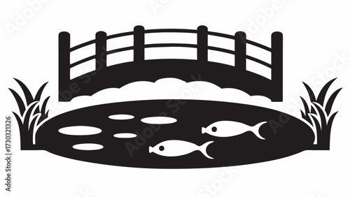 Silhouette of a bridge over a pond with fish and reeds in a simple black and white vector illustration