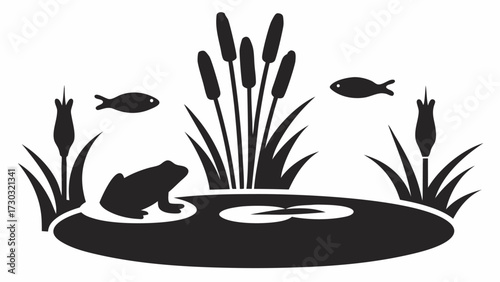 A silhouette of a frog sitting on a lily pad in a pond with fish and cattails in black and white view