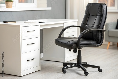 Modern black office chair with white desk in a bright home office interior
