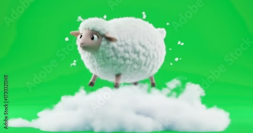 Cartoon sheep jumping on fluffy clouds with green background
