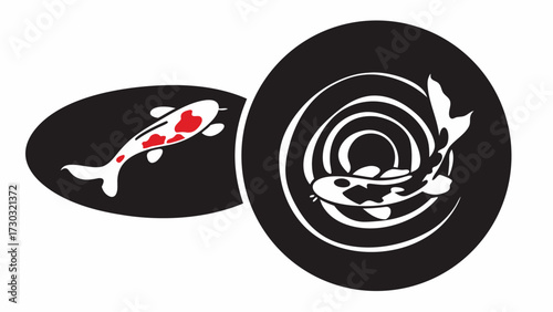 Two stylized koi fish designs one with red spots and one with concentric circles on black backgrounds