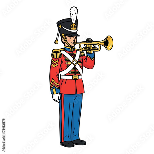 Toy soldier in red uniform playing the trumpet