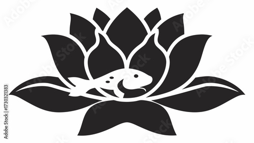 Stylized black lotus flower with a white fish resting in the center of the blossom in a simple design