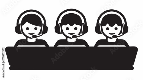 Three customer service representatives wearing headsets behind a desk in black and white illustration