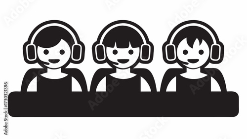 Three stylized figures wearing headsets and smiling representing customer service or support team members