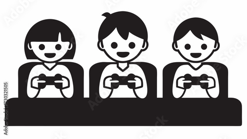 Three children sitting side by side holding game controllers and smiling in a black and white illustration