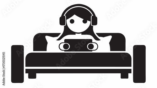 Silhouette of a person with headphones sitting on a couch with pillows in a simple black and white style
