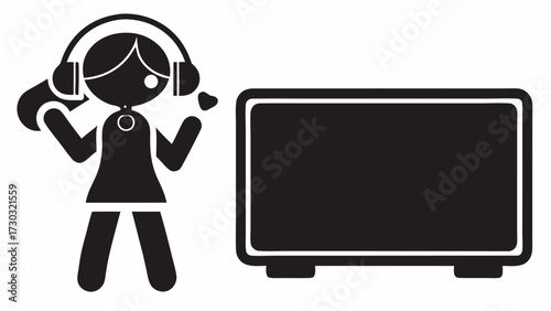 Silhouette of a woman with headphones next to a rectangular object on a white background image view