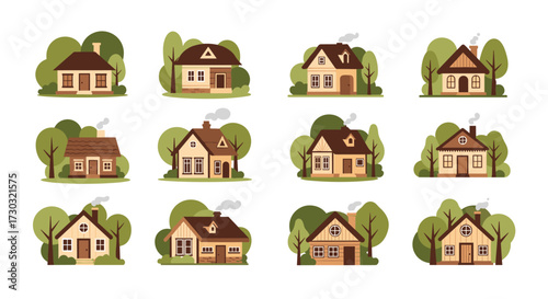 A collection of charming pixel art houses nestled among lush green trees.
