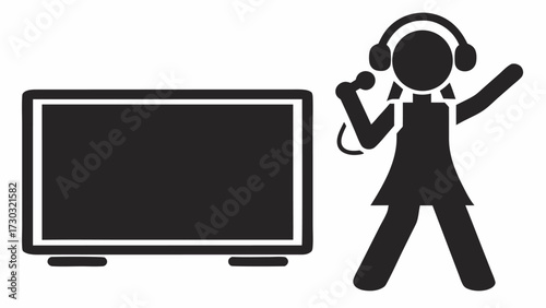 Illustration of a television set next to a person singing with headphones and a microphone in black and white