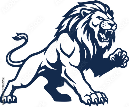 Majestic Lion Vector Illustration with Intricate Details Ready to Pounce Graphic Silhouette Image in Dark Blue on White Background Ideal for Logos and Designs