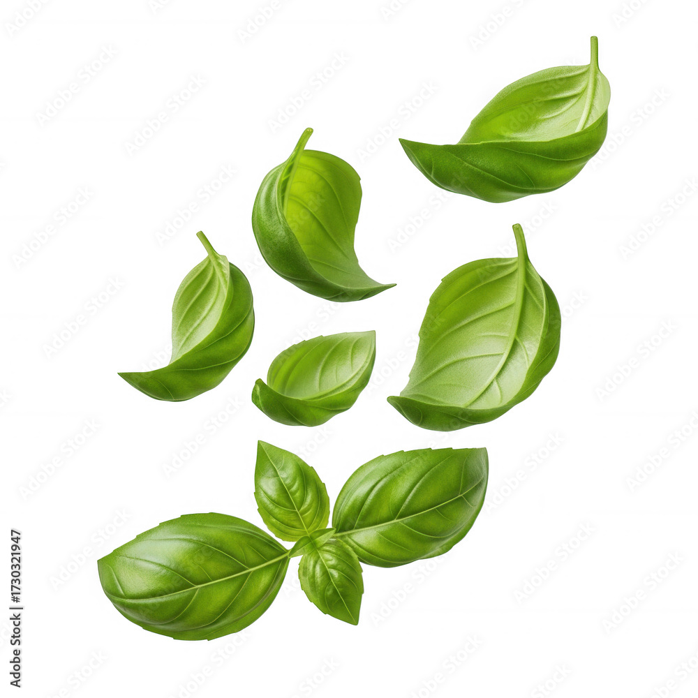 Obraz premium Fresh green basil leaves scattered against black background isolated on a transparent background herb