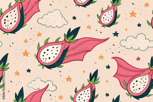 A whimsical pattern featuring dragon fruit slices and whimsical celestial elements.