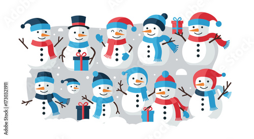 A cheerful collection of happy snowmen dressed in colorful winter hats and scarves celebrating the holiday season with festive gifts.
