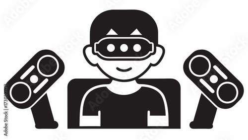 A person wearing a virtual reality headset and holding controllers in a black and white illustration