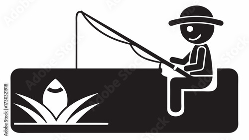 A cartoon man with a hat is fishing from a boat with a fishing rod and some reeds in the water nearby
