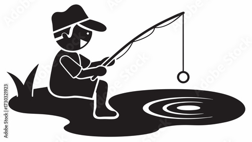Illustration of a fisherman wearing a hat sitting by a pond with a fishing rod and ripples in the water