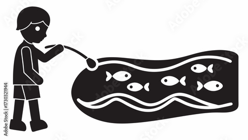 Illustration of a boy fishing in a pond filled with fish using a fishing rod in black and white style
