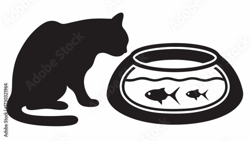 Silhouette of a cat looking at a fishbowl with two fish swimming inside the bowl in black and white style