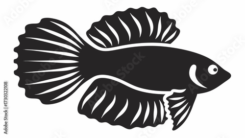 Illustration of a black betta fish with flowing fins and tail on a white background in a simple design