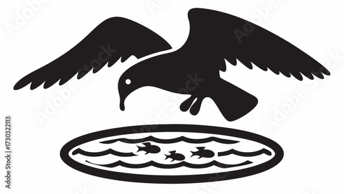 Illustration of a bird with outstretched wings diving towards a pond with fish in a black and white design