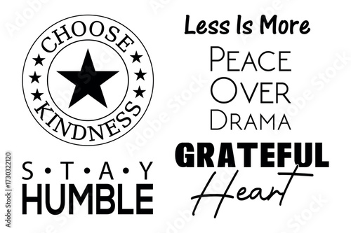 Minimal Motivational Quote Typography Set – Choose Kindness, Stay Humble, Grateful Heart, Positive Lifestyle, Motivational T shirt Design
