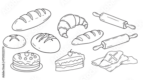 Bakery goods line art illustration hand-drawn vector set for menu design isolated on white