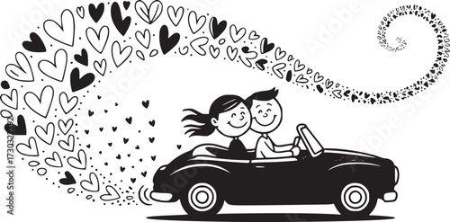 Love's Journey: An illustration depicting a couple driving a vintage car filled with heart shape