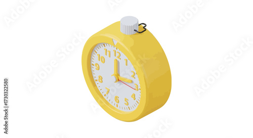 Aesthetic yellow alarm clock on white backdrop, isometric timekeeping