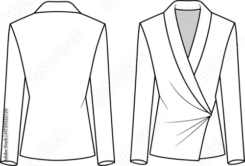 Flat vector CAD sketch of women’s draped wrap front blazer with clean back, long sleeves, and modern fashion silhouette design