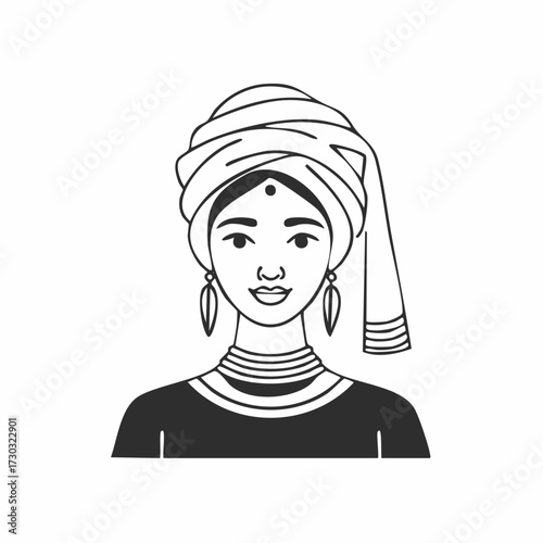 Asian Woman Portrait in Traditional Turban with Heavy Jewelry Line Art