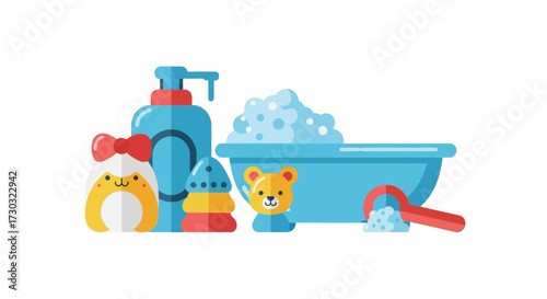 Delightful cartoon baby bath time essentials vector illustration style