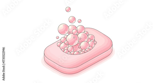 Delicate pink soap bar bubbling with a collection of smooth bubbles