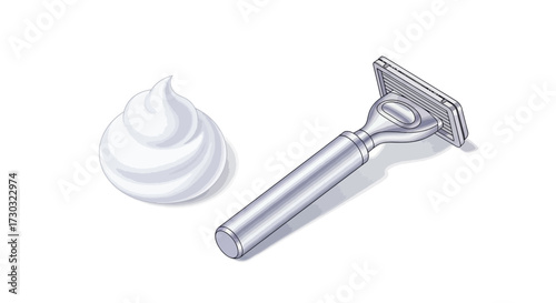 Detailed illustration of a metallic razor and shaving cream against a white backdrop