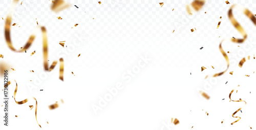 Blurred gold confetti and ribbon backgrounds with empty space