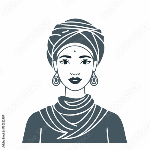 Elegant African or Indian Woman Portrait in Turban and Scarf Monochrome