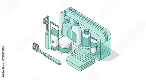 Essential travel kit illustration with minimalist design for personal hygiene