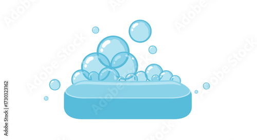 Floating bubbles above a light blue solid bath bar, minimalistic vector art