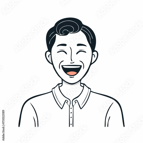 Contagious Happy Laughing Asian Man Portrait Monochrome Line Art