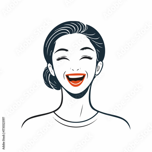Elegant Asian Woman Portrait with Radiant Laughing Expression Line Art
